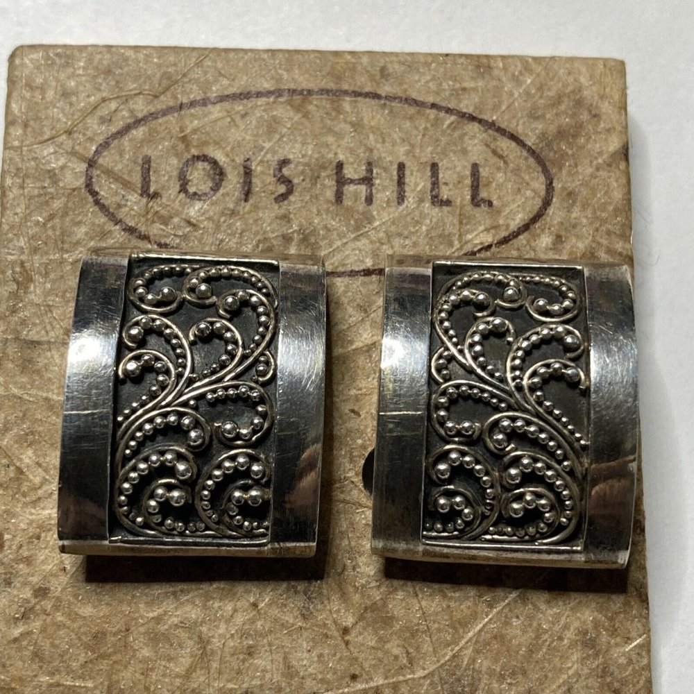 Vintage Lois Hill Curved Rectangular‎ Sterling Granulated Clip Earrings